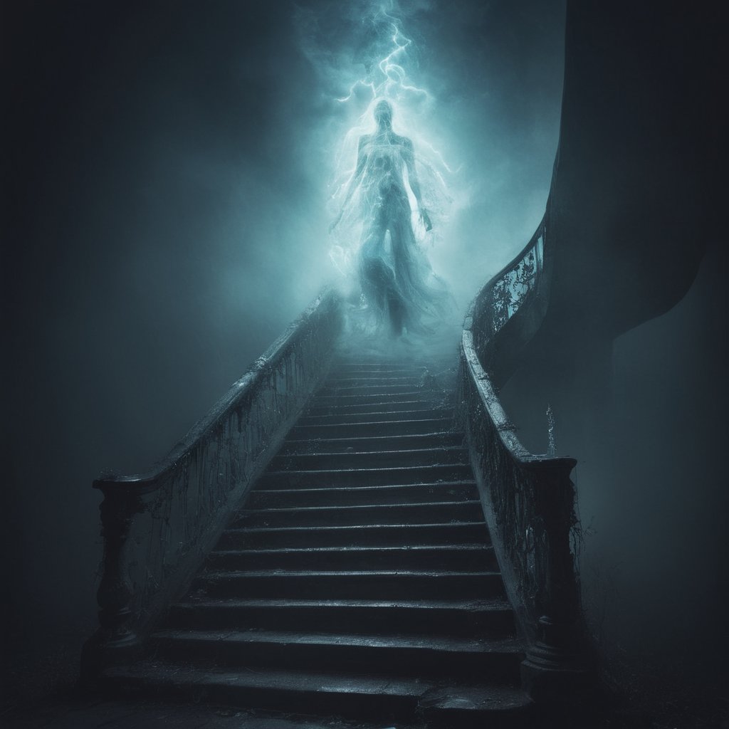 hopelessness, magical realism, double exposure spooky ghost, climbing a staircase fog, bioluminescent,  ethereal, supernatural, 4k resolution, magic, dreamy, spell vision, splash art background, kidney lightning, duotone, digital illustration, intricate details, sharp focus, complex composition, NETFLIX style,  stunning, something that even doesn't exist, mythical being, energy, molecular, textures, iridescent and luminescent scales, breathtaking beauty, pure perfection, divine presence, unforgettable, impressive, breathtaking beauty, Volumetric light, auras, rays, vivid colors reflects