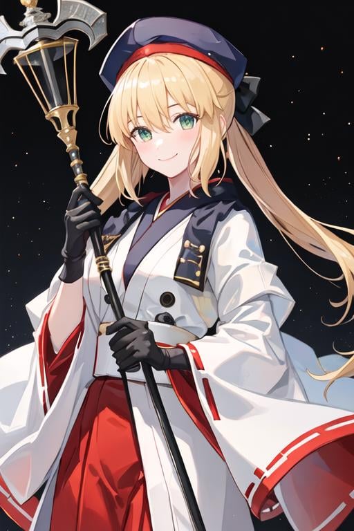 best quality, masterpiece, highres, solo, {white kimono:1.35}, {red hakama:1.35}, {wide sleeves:1.20}, {altria_caster_fgo:1.15}, blonde_hair, long_hair, green_eyes, bangs, twintails, bow, hat, smile, hair_between_eyes, staff, cape, blush, blue_headwear, buttons, beret, closed_mouth, breasts