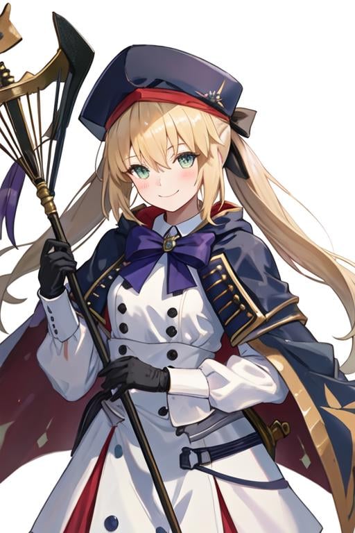 best quality, masterpiece, highres, solo, {altria_caster_fgo:1.15}, blonde_hair, long_hair, green_eyes, bangs, twintails, bow, hat, smile, hair_between_eyes, staff, cape, blush, blue_headwear, buttons, beret, closed_mouth, breasts, 1girl, ahoge, armor, crown, gloves, holding, ribbon, armored_dress, holding_staff, looking_at_viewer, breastplate, dress, black_gloves, facial_mark