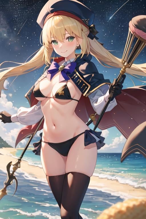 best quality, masterpiece, highres, solo, {night:1.10}, {starry sky:1.10}, beach, beautiful detailed sky, {extremely detailed background:1.20}, {altria_caster_fgo:1.15}, {standing:1.10}, looking at viewer, {bikini:1.30}, blonde_hair, long_hair, green_eyes, bangs, twintails, bow, hat, smile, hair_between_eyes, staff, cape, blush, blue_headwear, buttons, beret, closed_mouth, breasts, light smile