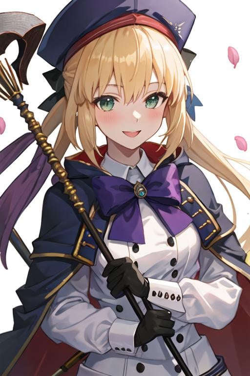 best quality, masterpiece, highres, solo, {altria_caster_fgo:1.15}, blonde_hair, long_hair, green_eyes, bangs, twintails, bow, hat, smile, hair_between_eyes, staff, cape, blush, blue_headwear, buttons, beret, closed_mouth, breasts, 1girl, black_gloves, gloves, holding, holding_staff, long_sleeves, looking_at_viewer, simple_background, white_background, open_mouth, petals, purple_bow, upper_body