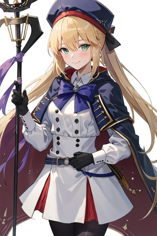 best quality, masterpiece, highres, solo, {altria_caster_fgo:1.15}, blonde_hair, long_hair, green_eyes, bangs, twintails, bow, hat, smile, hair_between_eyes, staff, cape, blush, blue_headwear, buttons, beret, closed_mouth, breasts, 1girl, dress, gloves, long_sleeves, looking_at_viewer, belt, black_gloves, blue_cape, simple_background, small_breasts, white_background, white_dress, blue_belt, double-breasted