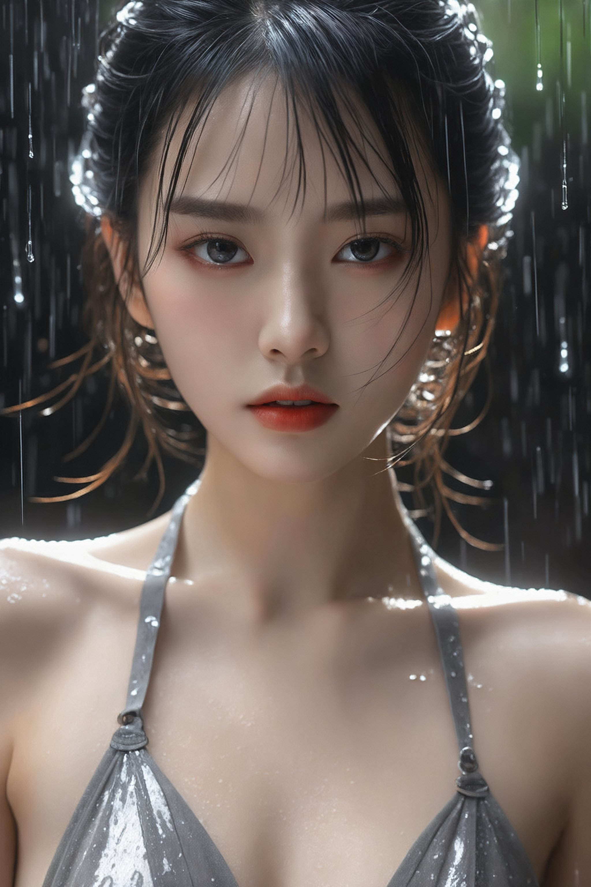 Realistic,Masterpiece,18 - year - old beautiful girl and monster,pearl - like eyes,extremely delicate facial depiction,heavy rain,crazy body movements,exaggerated perspective,poster,androgyny,fashion,dramatic lighting,strong tones,distortion style,32k UHD,chinese girls,(full_body:1.1),phone_screen,
