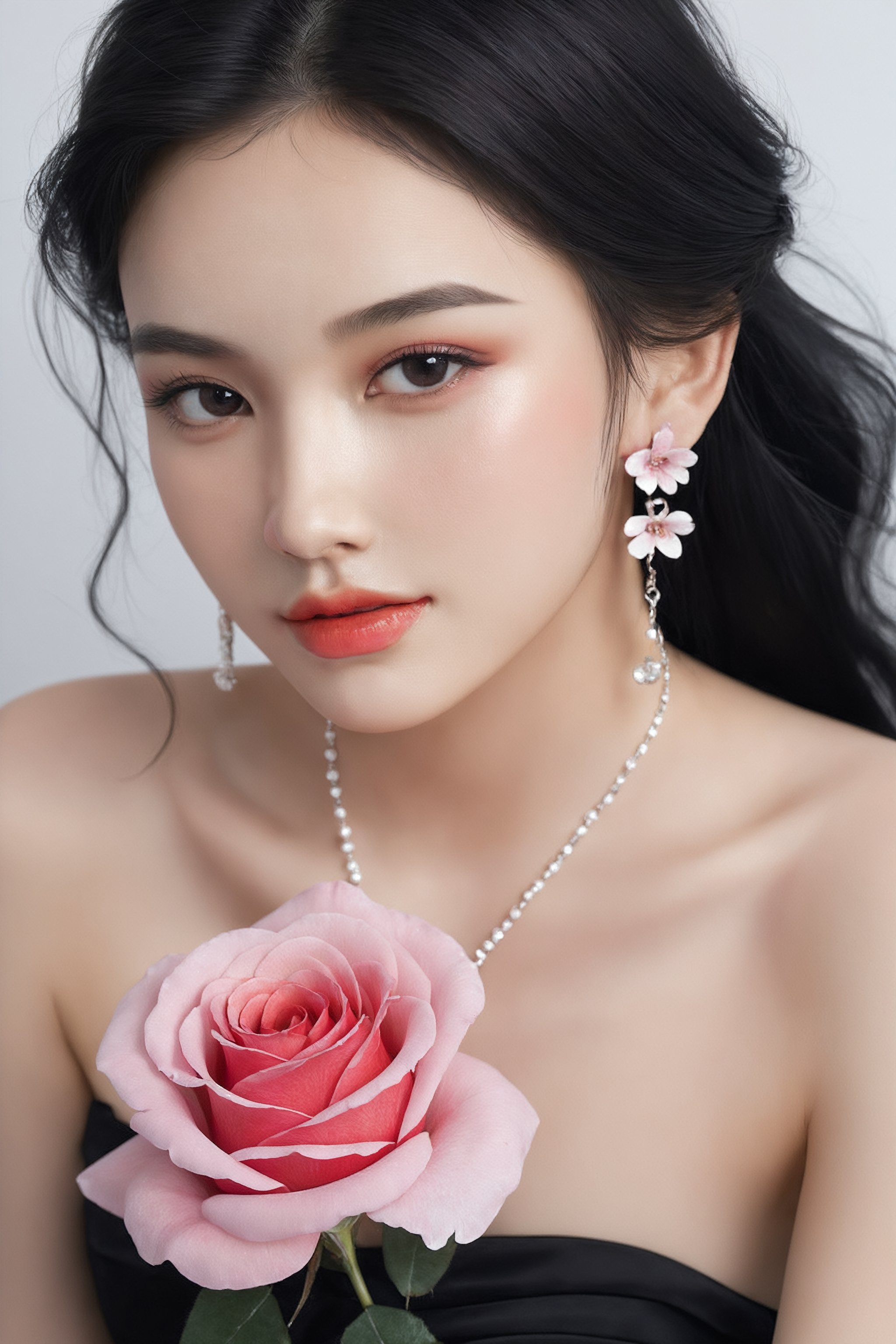 realistic,photography, a unique breathtaking and beautiful of girl face,cute young 18 year old girl,flower,black dress,black hair,holding,strapless,bare shoulders,holding flower,rose,strapless dress,parted lips,earrings,pink flower,jewelry,bare arms,web address,a shy smile, detailed skin, skin texture, skin pores,highly detailed, photo-realistic, 8k
