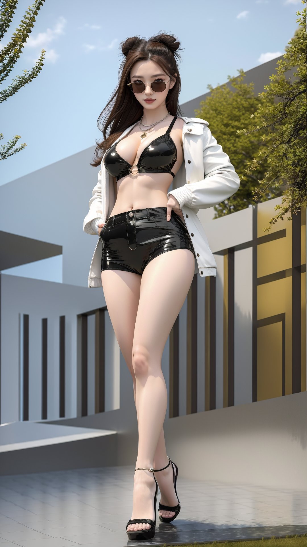 ultra realistic,  highly detailed,  masterpiece,  eyes-view, sexy pose,  1girl,  solo,  17yo,  full body,  brown hair,  large breasts,  (two buns),  round teashade sunglasses,  white jacket,  black fingernails,  absurdres,  detailed background,  dramatic,  Realism, Thai style roof, Enhance, Wonder of Art and Beauty,,,Thai style roo,Nice legs and hot body