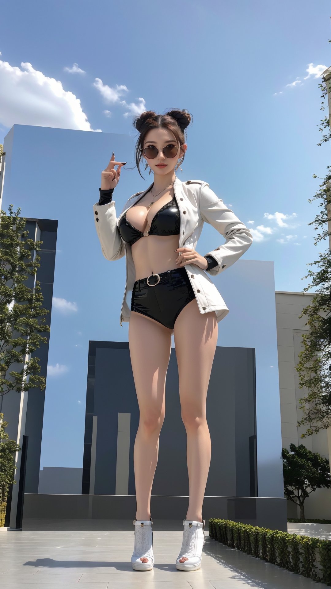 ultra realistic,  highly detailed,  masterpiece,  sexy pose,  1girl,  solo,  17yo,  full body,  brown hair,  large breasts,  (two buns),  round teashade sunglasses,  white jacket,  black fingernails,  absurdres,  detailed background,  dramatic,  Realism, Thai style roof, Enhance, Wonder of Art and Beauty,,,Thai style roo,Nice legs and hot body