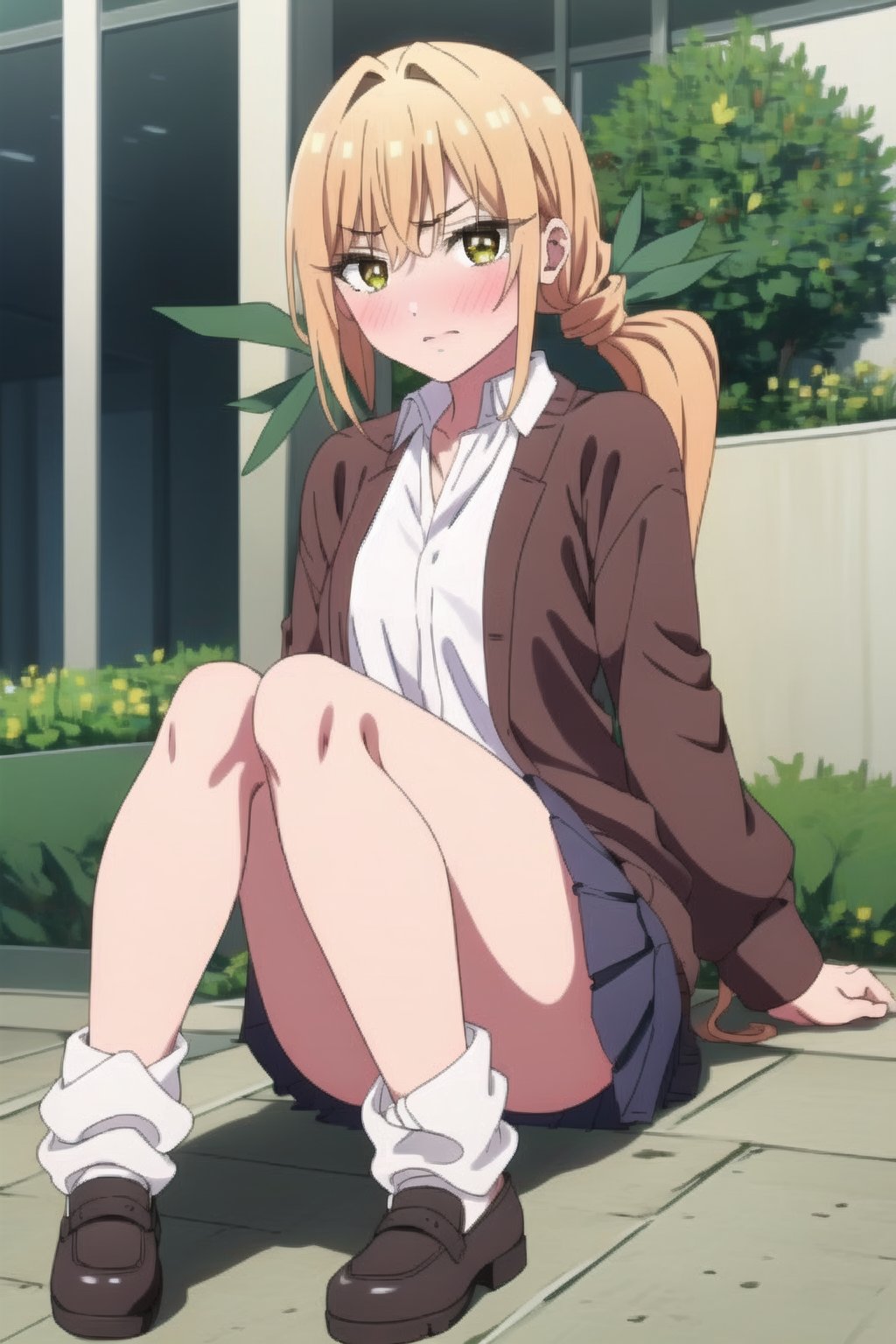 beautiful, masterpiece, best quality, extremely detailed face, masterpiece, 1girl, solo female, looking at viewer, descensored, 1woman, best quality, ultra-detailed, wole body, full body, yellow hair, yellow eyes, blushing, perfect body, two ponytails, green ribbons, brown jacket, blush, long hair, short skirt, in a school, small breasts, perfect hands, embarassed, sitting, underwear exposed,