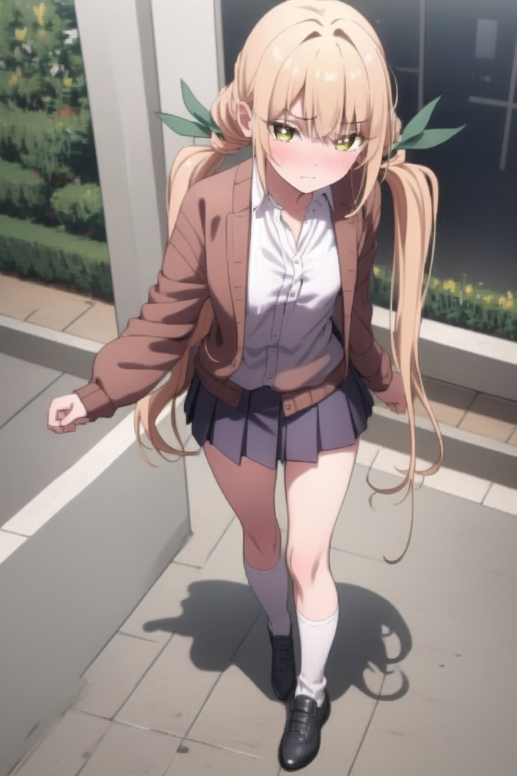 beautiful, masterpiece, best quality, extremely detailed face, masterpiece, 1girl, solo female, looking at viewer, descensored, 1woman, best quality, ultra-detailed, wole body, full body, yellow hair, yellow eyes, blushing, perfect body, two ponytails, green ribbons, brown jacket, blush, long hair, short skirt, in a school, small breasts, perfect hands, standing, tsundere, embarassed,