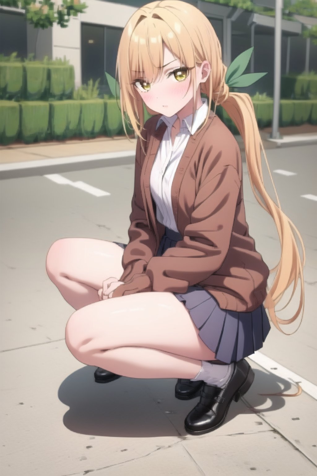 beautiful, masterpiece, best quality, extremely detailed face, masterpiece, 1girl, solo female, looking at viewer, descensored, 1woman, best quality, ultra-detailed, wole body, full body, yellow hair, yellow eyes, blushing, perfect body, two ponytails, green ribbons, brown jacket, blush, long hair, short skirt, in a school, small breasts, perfect hands,