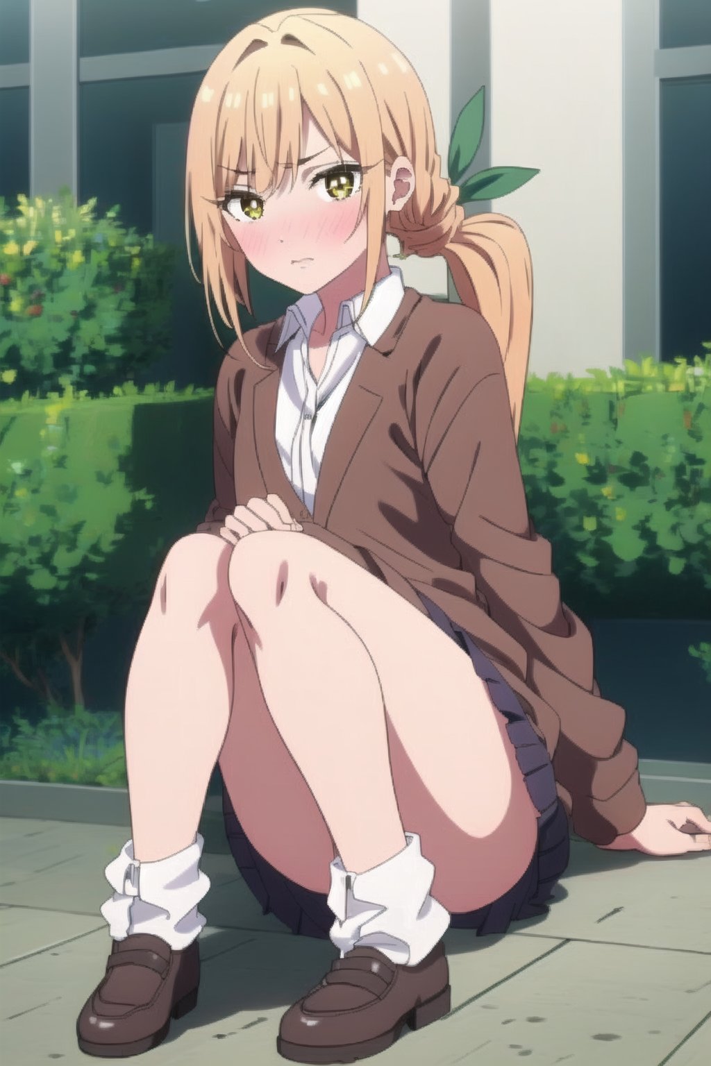 beautiful, masterpiece, best quality, extremely detailed face, masterpiece, 1girl, solo female, looking at viewer, descensored, 1woman, best quality, ultra-detailed, wole body, full body, yellow hair, yellow eyes, blushing, perfect body, two ponytails, green ribbons, brown jacket, blush, long hair, short skirt, in a school, small breasts, perfect hands, embarassed, sitting, view from behind,