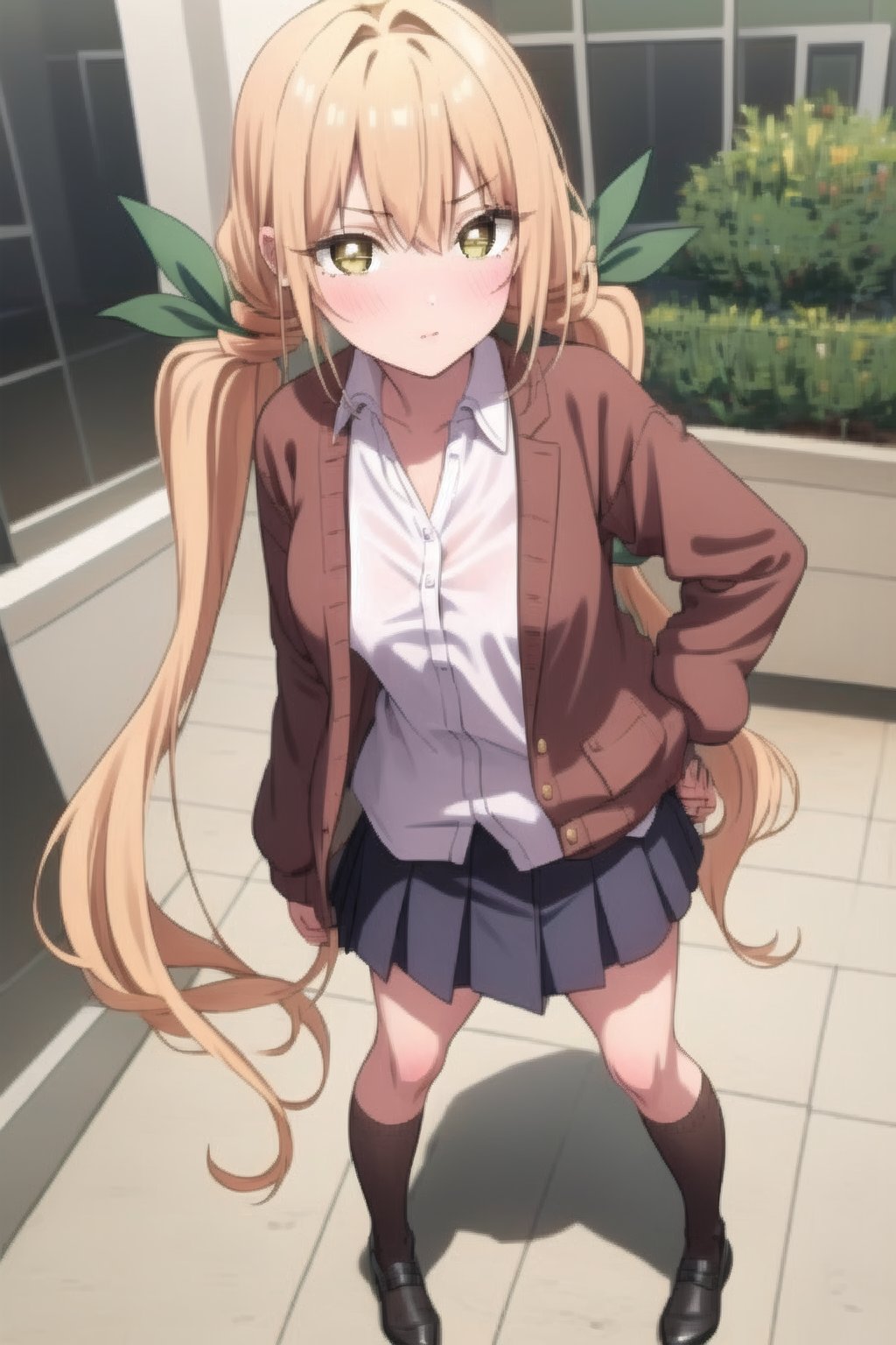 beautiful, masterpiece, best quality, extremely detailed face, masterpiece, 1girl, solo female, looking at viewer, descensored, 1woman, best quality, ultra-detailed, wole body, full body, yellow hair, yellow eyes, blushing, perfect body, two ponytails, green ribbons, brown jacket, blush, long hair, short skirt, in a school, small breasts, perfect hands, standing,