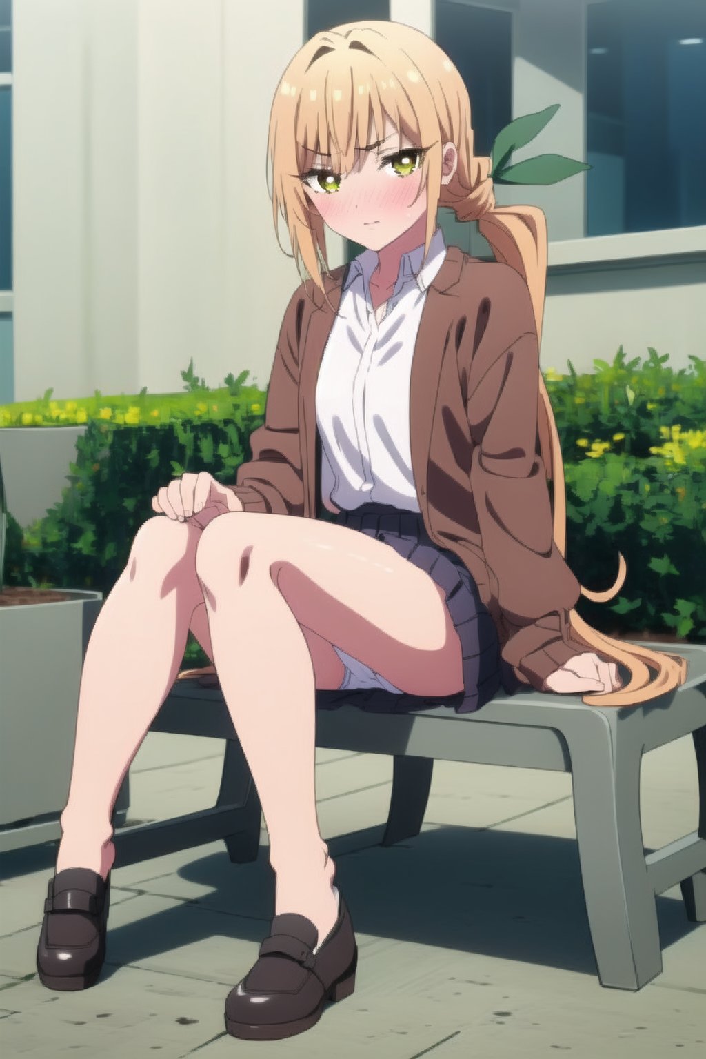 beautiful, masterpiece, best quality, extremely detailed face, masterpiece, 1girl, solo female, looking at viewer, descensored, 1woman, best quality, ultra-detailed, wole body, full body, yellow hair, yellow eyes, blushing, perfect body, two ponytails, green ribbons, brown jacket, blush, long hair, short skirt, in a school, small breasts, perfect hands, embarassed, sitting, panties exposed,