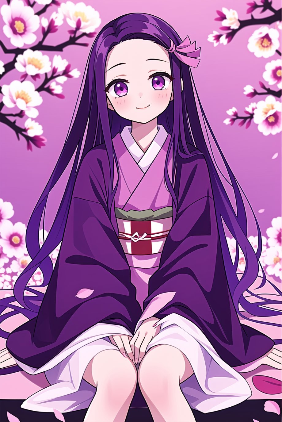 kamado nezuko, 1girl, closed mouth, smile, flower, japanese clothes, long fingernails, looking at viewer, petals, pink eyes, purple hair, sitting, solo, ((masterpiece))  
,<lora:659111690174031528:1.0>