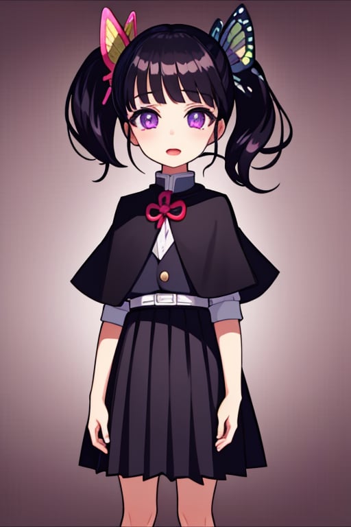 
1girl, 
(child:1.2),
(smile:1.1),
(masterpiece, best quality:1.2), 
(simple background:1.7),
(open mouth:1.1),

kanaotsuyuri, ,
kanao tsuyuri, black hair, butterfly, butterfly hair ornament, (purple eyes:1.1), side ponytail, ponytail, 
BREAK black skirt, cape, demon slayer uniform, long sleeves, pleated skirt, skirt, white cape,
BREAK looking at viewer,
BREAK indoors, classroom,
BREAK , (masterpiece:1.2), best quality, high resolution, unity 8k wallpaper, (illustration:0.8), (beautiful detailed eyes:1.6), extremely detailed face, perfect lighting, extremely detailed CG, (perfect hands, perfect anatomy),
,,<lora:659111690174031528:1.0>