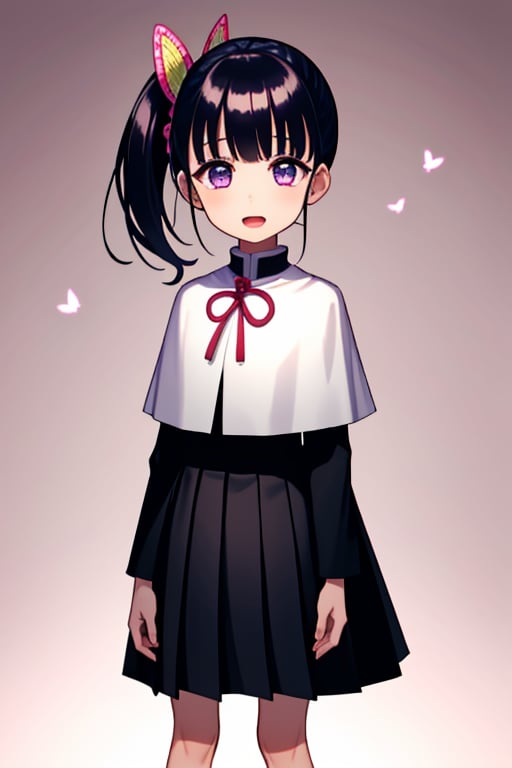 
1girl, 
(child:1.2),
(smile:1.1),
(masterpiece, best quality:1.2), 
(simple background:1.7),
(open mouth:1.1),

kanaotsuyuri, ,
kanao tsuyuri, black hair, butterfly, butterfly hair ornament, (purple eyes:1.1), side ponytail, ponytail, 
BREAK black skirt, cape, demon slayer uniform, long sleeves, pleated skirt, skirt, white cape,
BREAK looking at viewer,
BREAK indoors, classroom,
BREAK , (masterpiece:1.2), best quality, high resolution, unity 8k wallpaper, (illustration:0.8), (beautiful detailed eyes:1.6), extremely detailed face, perfect lighting, extremely detailed CG, (perfect hands, perfect anatomy),
,,<lora:659111690174031528:1.0>