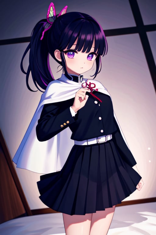 kanaotsuyuri, ,
kanao tsuyuri, black hair, butterfly, butterfly hair ornament, (purple eyes:1.1), side ponytail, ponytail, 
BREAK black skirt, cape, demon slayer uniform, long sleeves, pleated skirt, skirt, white cape,
BREAK looking at viewer,
BREAK indoors, classroom,
BREAK , (masterpiece:1.2), best quality, high resolution, unity 8k wallpaper, (illustration:0.8), (beautiful detailed eyes:1.6), extremely detailed face, perfect lighting, extremely detailed CG, (perfect hands, perfect anatomy),
,<lora:659111690174031528:1.0>