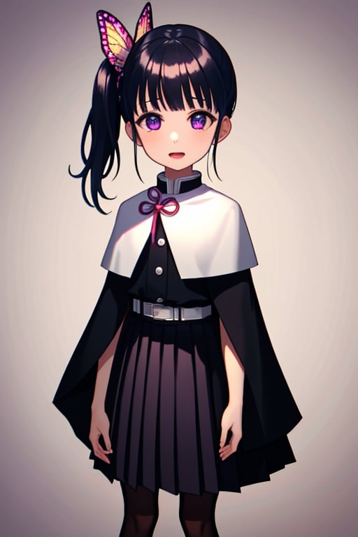 
1girl, 
(child:1.2),
(smile:1.1),
(masterpiece, best quality:1.2), 
(simple background:1.7),
(open mouth:1.1),

kanaotsuyuri, ,
kanao tsuyuri, black hair, butterfly, butterfly hair ornament, (purple eyes:1.1), side ponytail, ponytail, 
BREAK black skirt, cape, demon slayer uniform, long sleeves, pleated skirt, skirt, white cape,
BREAK looking at viewer,
BREAK indoors, classroom,
BREAK , (masterpiece:1.2), best quality, high resolution, unity 8k wallpaper, (illustration:0.8), (beautiful detailed eyes:1.6), extremely detailed face, perfect lighting, extremely detailed CG, (perfect hands, perfect anatomy),
,,<lora:659111690174031528:1.0>