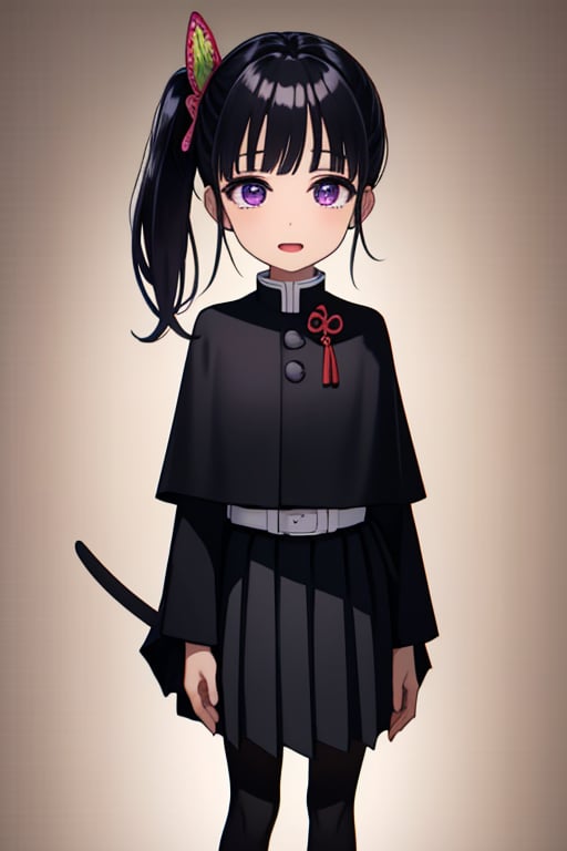 
1girl, 
(child:1.2),
(smile:1.1),
(masterpiece, best quality:1.2), 
(simple background:1.7),
(open mouth:1.1),

kanaotsuyuri, ,
kanao tsuyuri, black hair, butterfly, butterfly hair ornament, (purple eyes:1.1), side ponytail, ponytail, 
BREAK black skirt, cape, demon slayer uniform, long sleeves, pleated skirt, skirt, white cape,
BREAK looking at viewer,
BREAK indoors, classroom,
BREAK , (masterpiece:1.2), best quality, high resolution, unity 8k wallpaper, (illustration:0.8), (beautiful detailed eyes:1.6), extremely detailed face, perfect lighting, extremely detailed CG, (perfect hands, perfect anatomy),
,,<lora:659111690174031528:1.0>