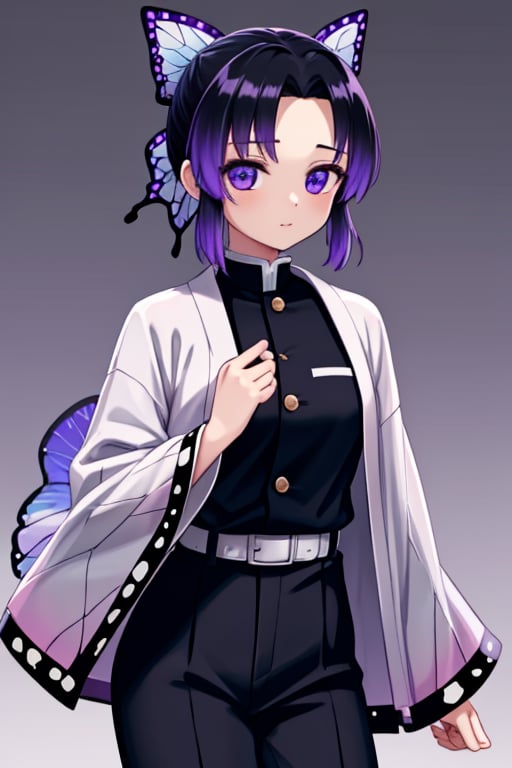 shinobukochou, , shinobu kochou, animal print, black hair, butterfly, butterfly hair ornament, butterfly print, forehead, gradient hair, hair ornament, haori, multicolored hair, parted bangs, purple hair, short hair, two-tone hair,
BREAK belt, black pants, butterfly print, coat, demon slayer uniform, haori, japanese clothes, pants, uniform,
BREAK looking at viewer,
BREAK city,
BREAK , (masterpiece:1.2), best quality, high resolution, unity 8k wallpaper, (illustration:0.8), (beautiful detailed eyes:1.6), extremely detailed face, perfect lighting, extremely detailed CG, (perfect hands, perfect anatomy),
,<lora:659111690174031528:1.0>