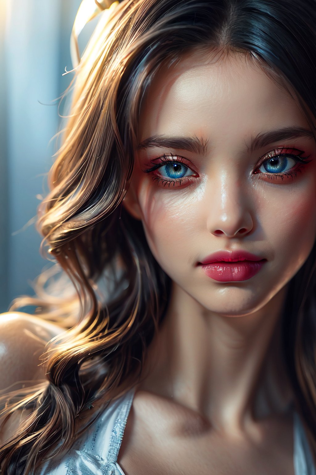 (masterpiece, high quality:1.5), 8K, HDR, 
1girl, well_defined_face, well_defined_eyes, ultra_detailed_eyes, ultra_detailed_face, by FuturEvoLab, 
ethereal lighting, immortal, elegant, porcelain skin, jet-black hair, waves, pale face, ice-blue eyes, blood-red lips, pinhole photograph, retro aesthetic, monochromatic backdrop, mysterious, enigmatic, timeless allure, the siren of the night, secrets, longing, hidden dangers, captivating, nostalgia, timeless fascination, smile, 