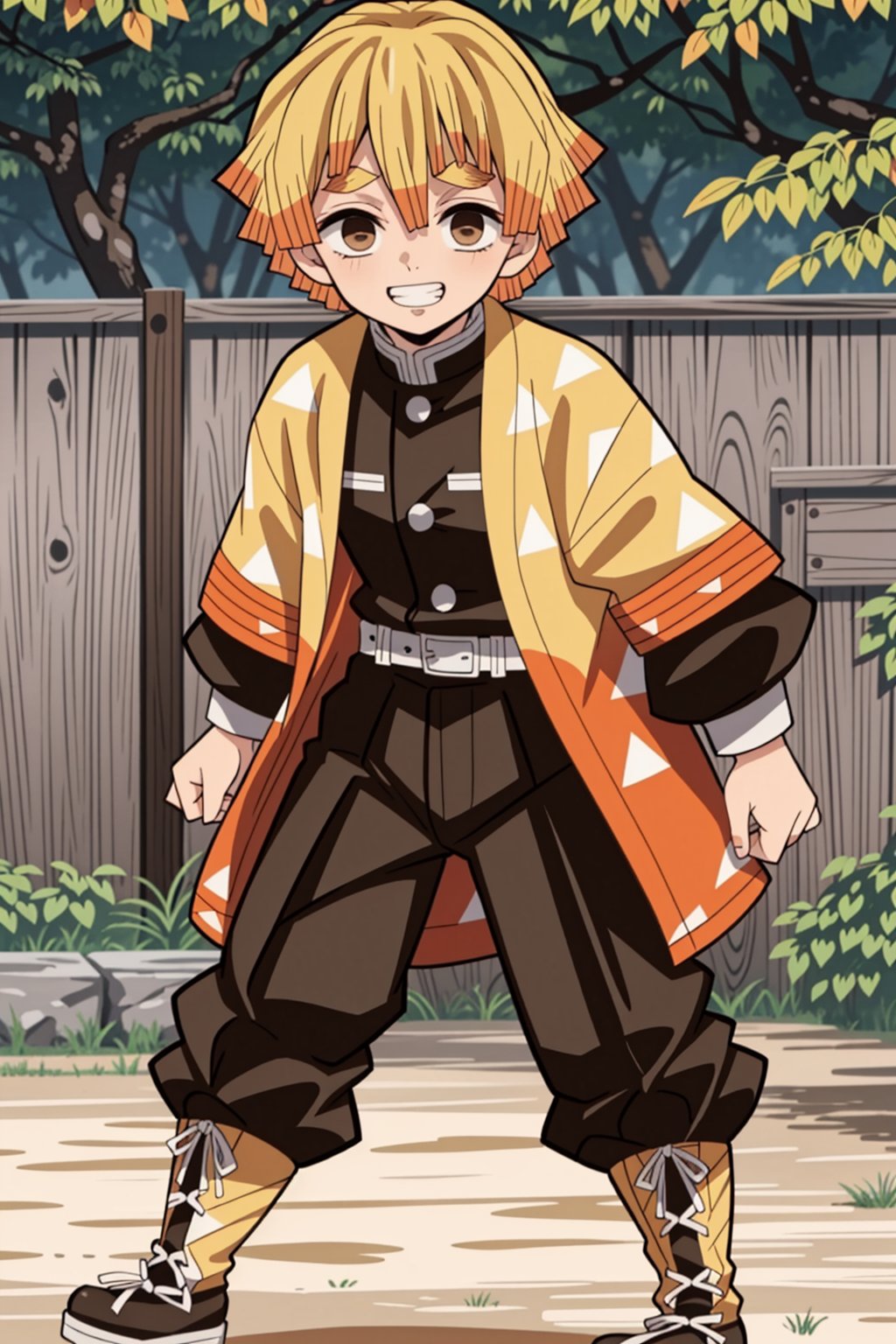 demon slayer uniform, 1boy, solo, male focus,  two-tone hair,  blonde hair, smile, japanese clothes, pants, long sleeves, facing viewer, haori, belt, full body, brown eyes, jacket, black pants, bangs, short hair, standing, tabi, grin, triangle print, white belt, black jacket, nature,  agatsuma zenitsu,  parody, anime screencap, 
,<lora:659111690174031528:1.0>