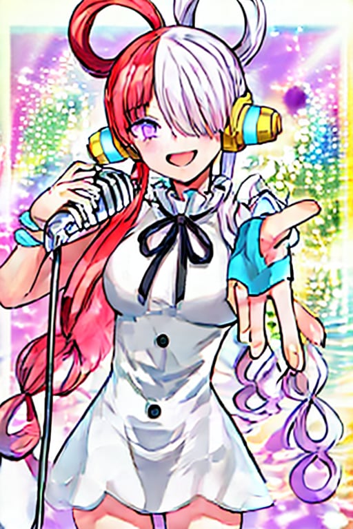 masterpiece, best quality, highres, 1girl, split-color hair, hair over one eye, red hair, multicolored hair, long hair, purple eyes, hair rings, white dress, headphones, white hair, black ribbon, bangs, sleeveless, medium breasts, , cowboy shot, on the stage, smile, reaching out, holding microphone, ,1girl,<lora:659111690174031528:1.0>
