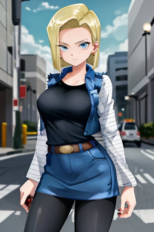 best quality, highres, and18, 1girl, android 18, solo, blonde hair, blue eyes, short hair, earrings, jewelry, denim vest, open vest, black pantyhose, black shirt, denim skirt, striped long sleeves, blue skirt, large breasts, , cowboy shot, street,
,<lora:659111690174031528:1.0>