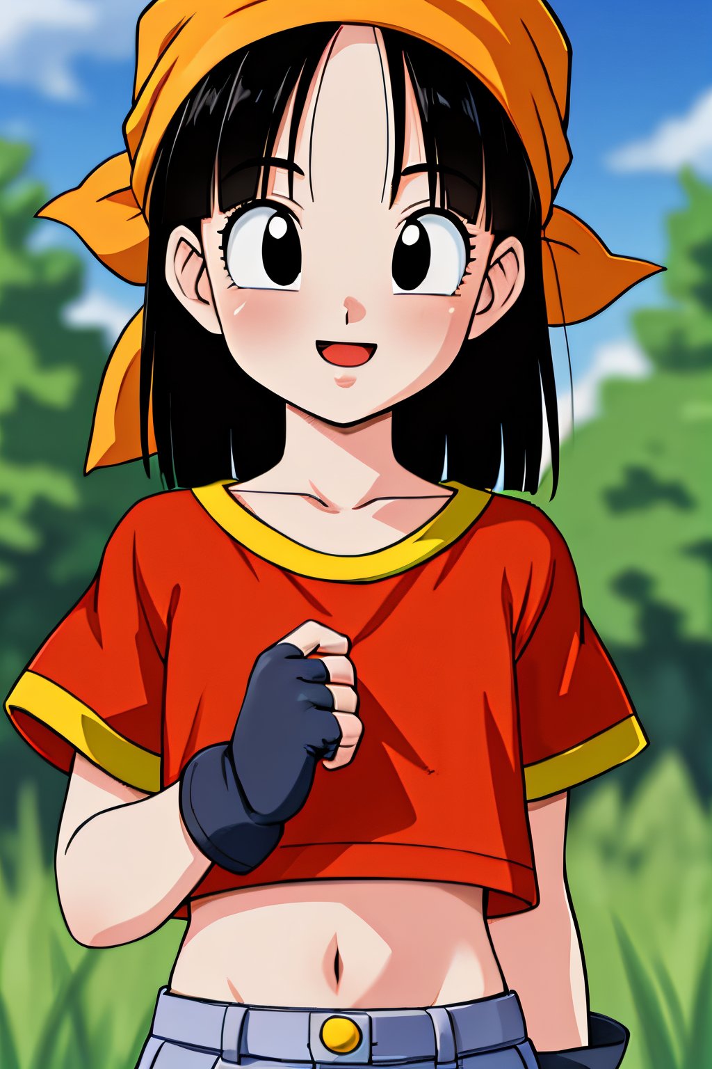 masterpiece, best quality, highest quality, photorealistic, perfect anatomy, perfect face, perfect eyes,
, pandballgt, 1girl, black eyes, black hair, short hair, orange bandana, pants, fingerless gloves, red shirt, crop top, outdoors, child female, smile
,<lora:659111690174031528:1.0>