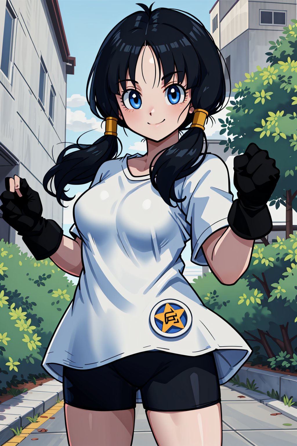 masterpiece, best quality, highres, videl2, solo, blue eyes, black hair, twintails, black gloves, bike_shorts, bangs, white shirt, badge, medium breasts, , cowboy shot, smile, street,
,<lora:659111690174031528:1.0>