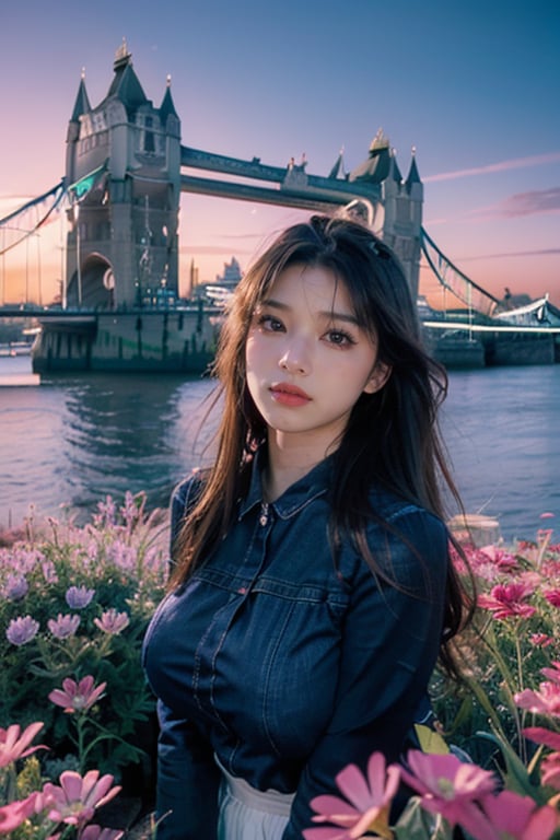 best quality, masterpiece, ultra high res,1girl, big breast, looking at viewer,pure color background, landscape of a deep indigo (The Tower Bridge:1.3) , it is Contemporary, electric pink flower field, at Dawn, Grim, key light, 800mm lens, most beautiful artwork in the world