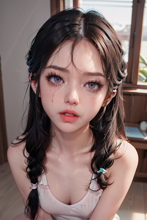 mascara, heavy makeup, mascaraTears, runny makeup, tears,, masterpiece, best quality, absurdres, highres, 4k, ray tracing, intricate details, highly detailed, (1girl:perfect face, cute, small breasts, long ginger hair, petite)