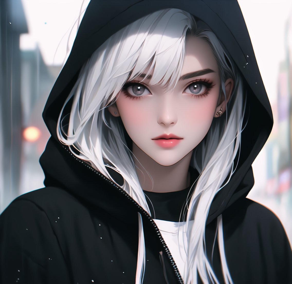 1girl,long white hair,(lilac eyes:0.7),glowing_eye,perfect face,fair_skin,bangs,analogue,film,colour faded,absurdres,light and shadow,upper_body,shiny_skin,detailed face,street,black hoodie jacket,rainy days,night,