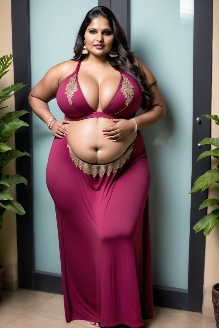 beautiful indian bbw in solid color maxi dress, bra, long hair, plants, near door