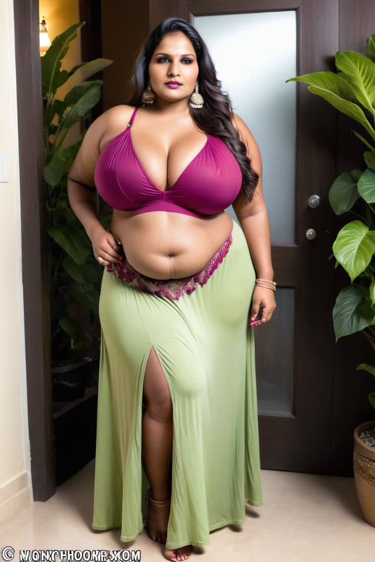 beautiful indian bbw in solid color maxi dress, bra, long hair, plants, near door