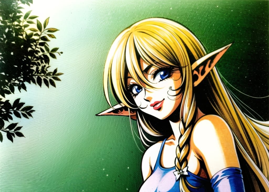 official art,  unity 8k wallpaper, traditional media,  retro artstyle,  ultra detailed,  fairy sitting on a tree stump,  leaning to the side,  looking at viewer,  smile,  head tilt,  blonde hair,  side braid,  hair between eyes,  full angle view,  feet out of frame,  fairy wings,  pointy ears,  elf,  detailed face,  detailed eyes,  perfect female figure,  lipstick,  happy,  shiny,  nature,  solo,  1girl,  fantasy,  fairytale,  enchanted forest,  cute,  highly detailed,  perfect composition and lighting