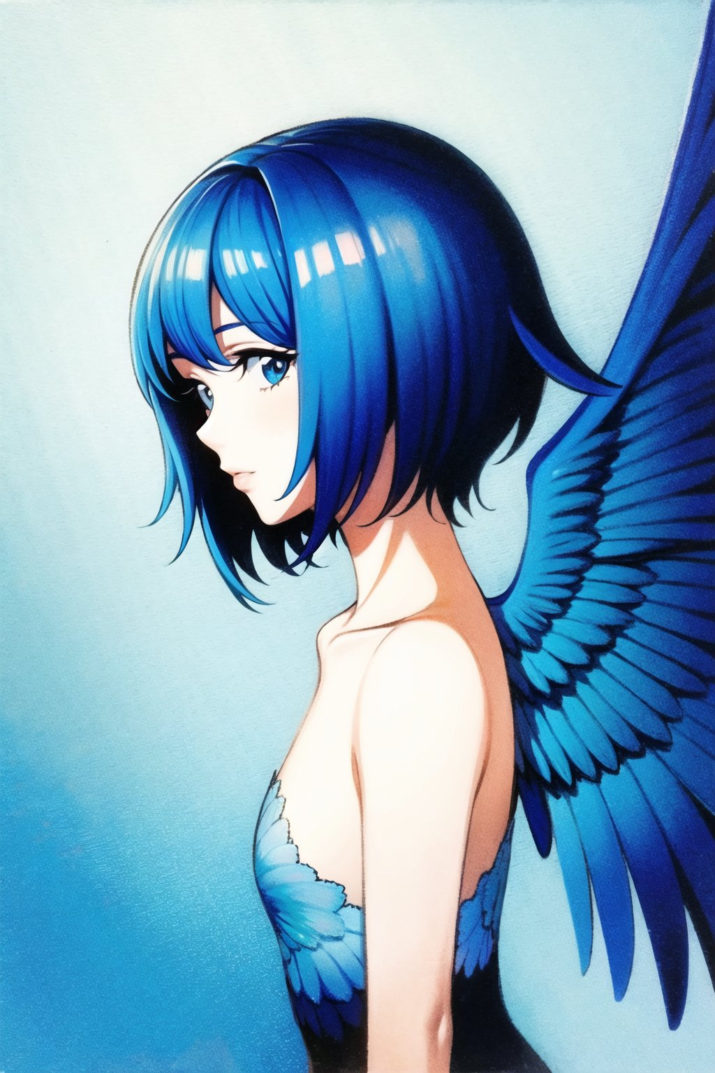 flower,  solo,  1girl,  head wings,  wings,  traditional media,  blue theme,  painting \(medium\),  blue hair,  rose,  upper body,  nude,  short hair,  bare shoulders