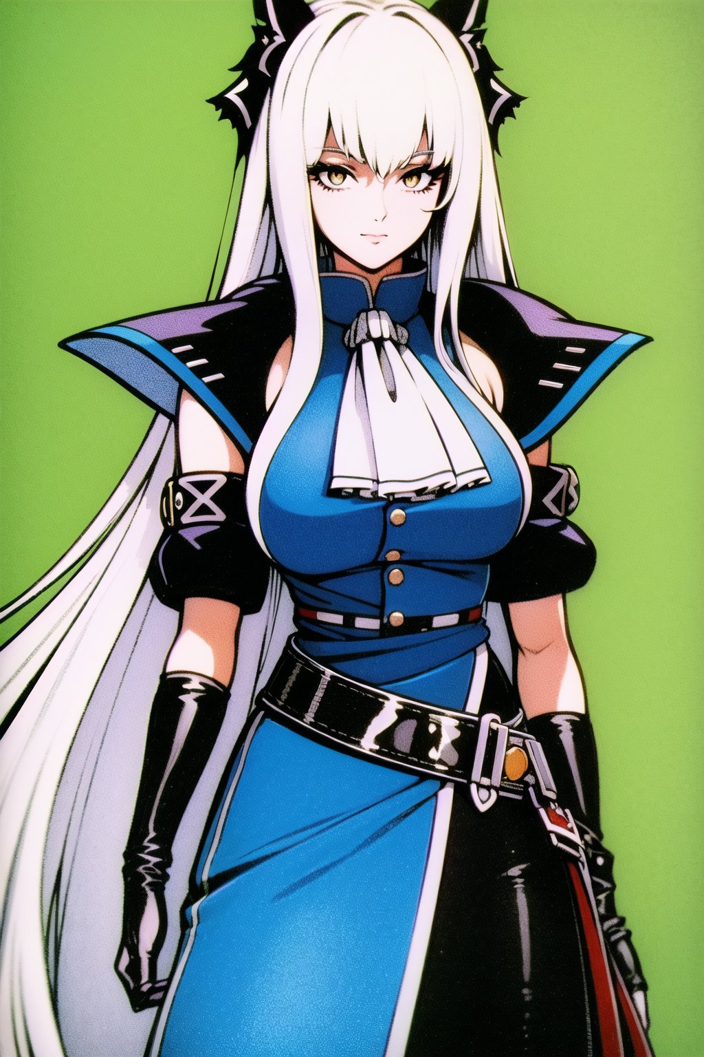 (masterpiece,  best quality:1.3),  8k resolution,  retro artstyle, traditional media, colorful,  col,  solo, 1girl,  skadi_(arknights),  black coat,  white hair,  looking at viewer,  buckle,  finely detailed,  blue ascot,  buttons,  blue belt,  detached sleeves,  ribbon trim,  elbow gloves,  simple background