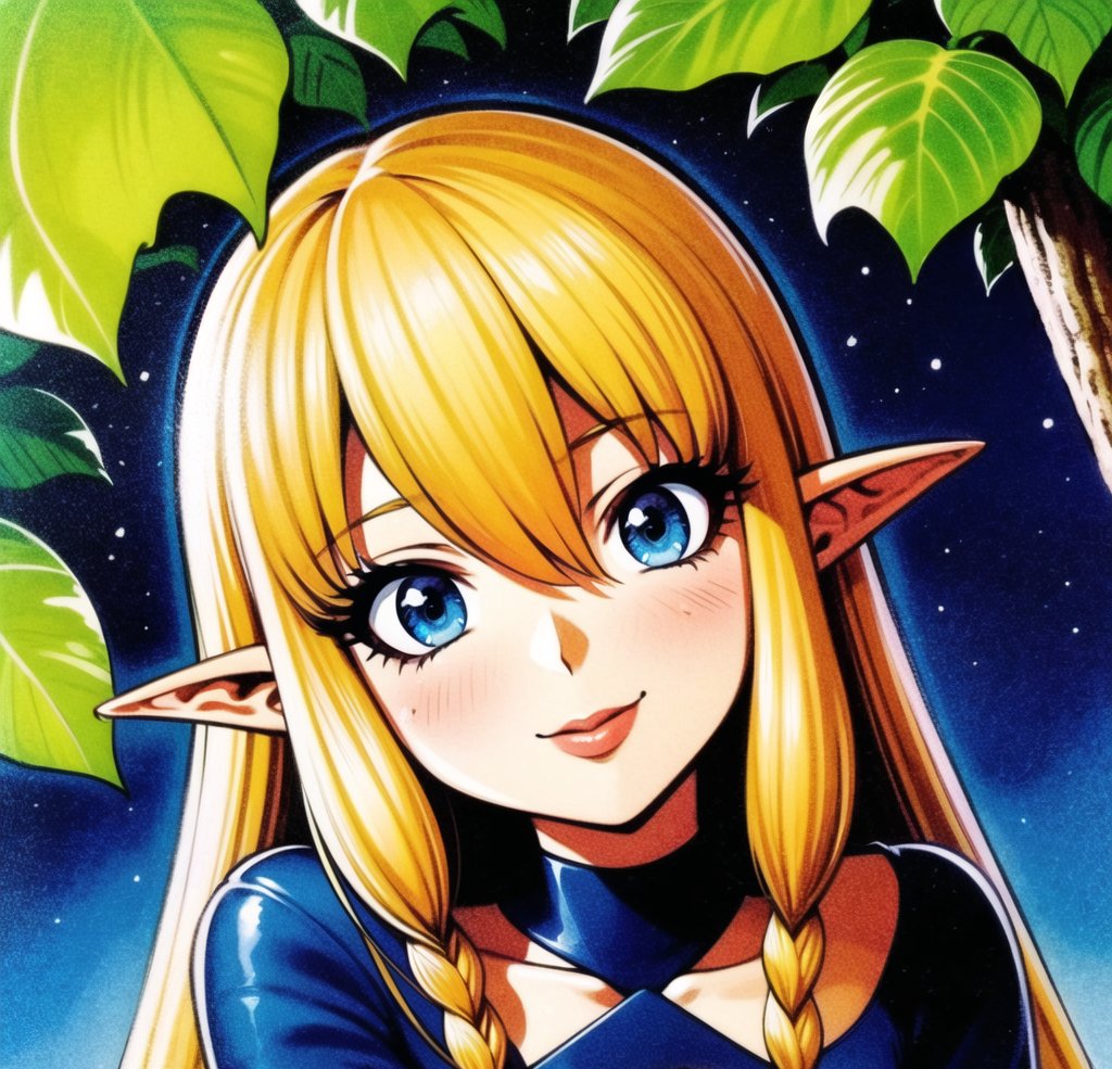 official art,  unity 8k wallpaper, traditional media,  retro artstyle,  ultra detailed,  fairy sitting on a tree stump,  leaning to the side,  looking at viewer,  smile,  head tilt,  blonde hair,  side braid,  hair between eyes,  pointy ears,  elf,  detailed face,  detailed eyes,  perfect female figure,  lipstick,  happy,  shiny,  nature,  solo,  1girl,  fantasy,  fairytale,  enchanted forest,  cute,  highly detailed,  perfect composition and lighting,<lora:EMS-10455-EMS:0.200000>