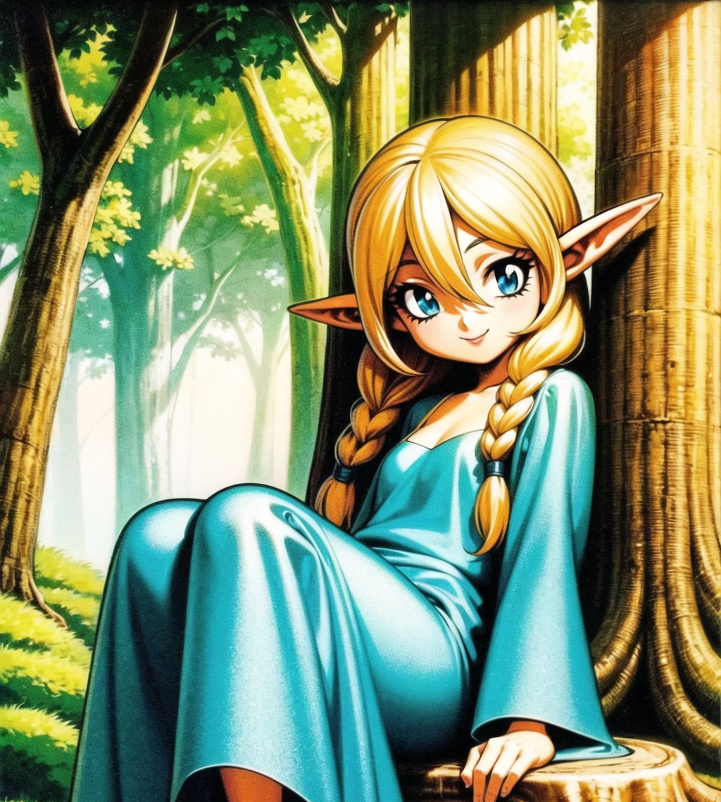 official art,  unity 8k wallpaper, traditional media,  retro artstyle,  ultra detailed,  fairy sitting on a tree stump,  leaning to the side,  looking at viewer,  smile,  head tilt,  blonde hair,  side braid,  hair between eyes,  full angle view,  feet out of frame,  pointy ears,  elf,  detailed face,  detailed eyes,  perfect female figure,  lipstick,  happy,  shiny,  nature,  solo,  1girl,  fantasy,  fairytale,  enchanted forest,  cute,  highly detailed,  perfect composition and lighting,<lora:EMS-10455-EMS:0.200000>