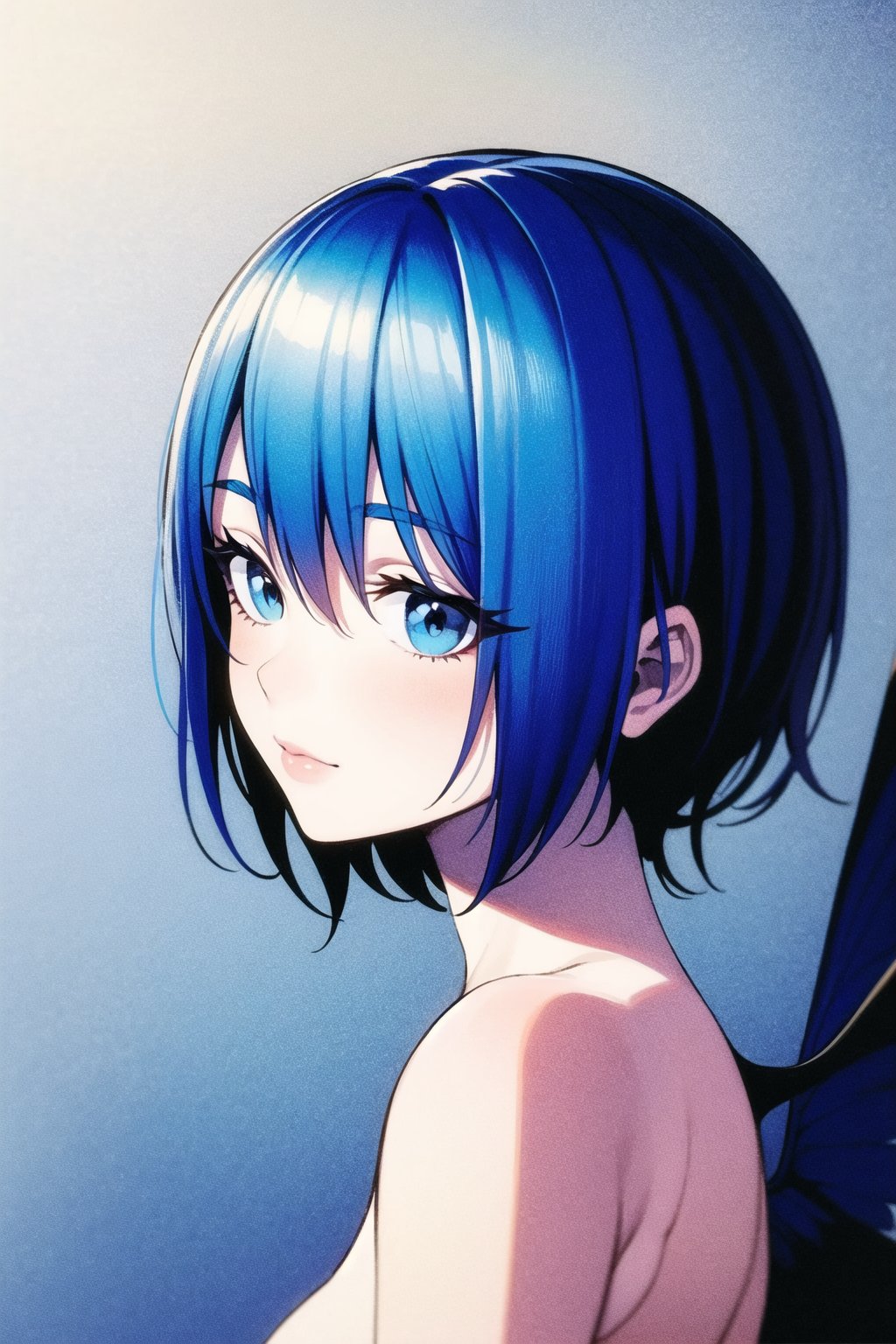 flower,  solo,  1girl,  head wings,  wings,  traditional media,  blue theme,  painting \(medium\),  blue hair,  rose,  upper body,  nude,  short hair,  bare shoulders