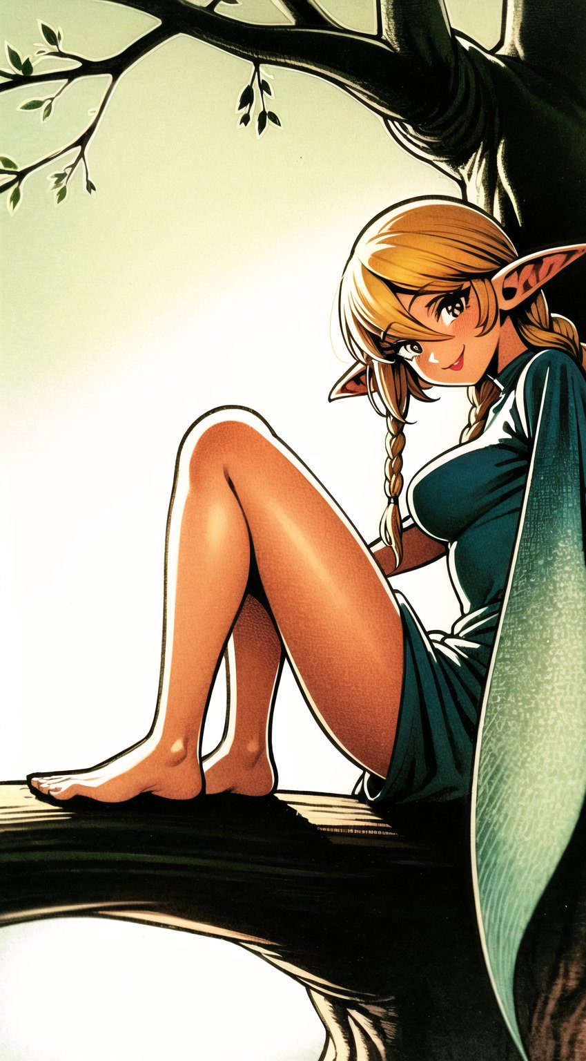 official art,  unity 8k wallpaper, traditional media,  retro artstyle,  ultra detailed,  fairy sitting on a tree stump,  leaning to the side,  looking at viewer,  smile,  head tilt,  blonde hair,  side braid,  hair between eyes,  full angle view,  feet out of frame,  pointy ears,  elf,  detailed face,  detailed eyes,  perfect female figure,  lipstick,  happy,  shiny,  nature,  solo,  1girl,  fantasy,  fairytale,  enchanted forest,  cute,  highly detailed,  perfect composition and lighting,<lora:EMS-10455-EMS:0.200000>