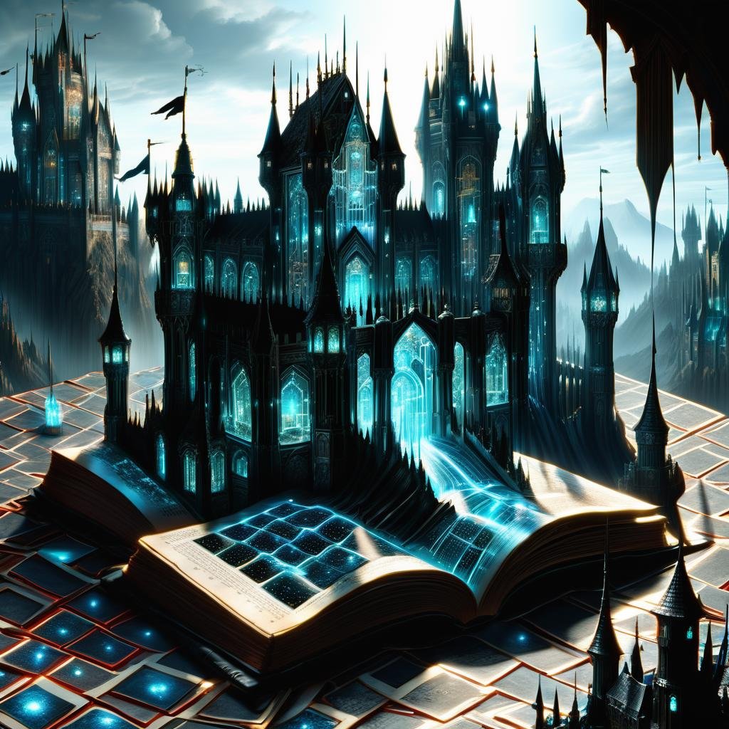 hyper detailed masterpiece, dynamic, awesome quality,DonMT3chW0rldXL monitoring the castle of dreaming books <lora:DonMT3chW0rldXL-000009:1>, 