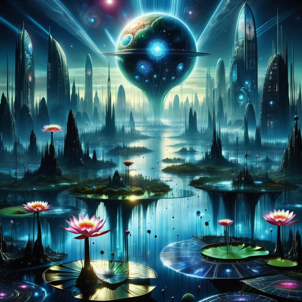 hyper detailed masterpiece, dynamic, awesome quality,DonMT3chW0rldXL alien planet, city light,water lily <lora:DonMT3chW0rldXL-000009:1>, 