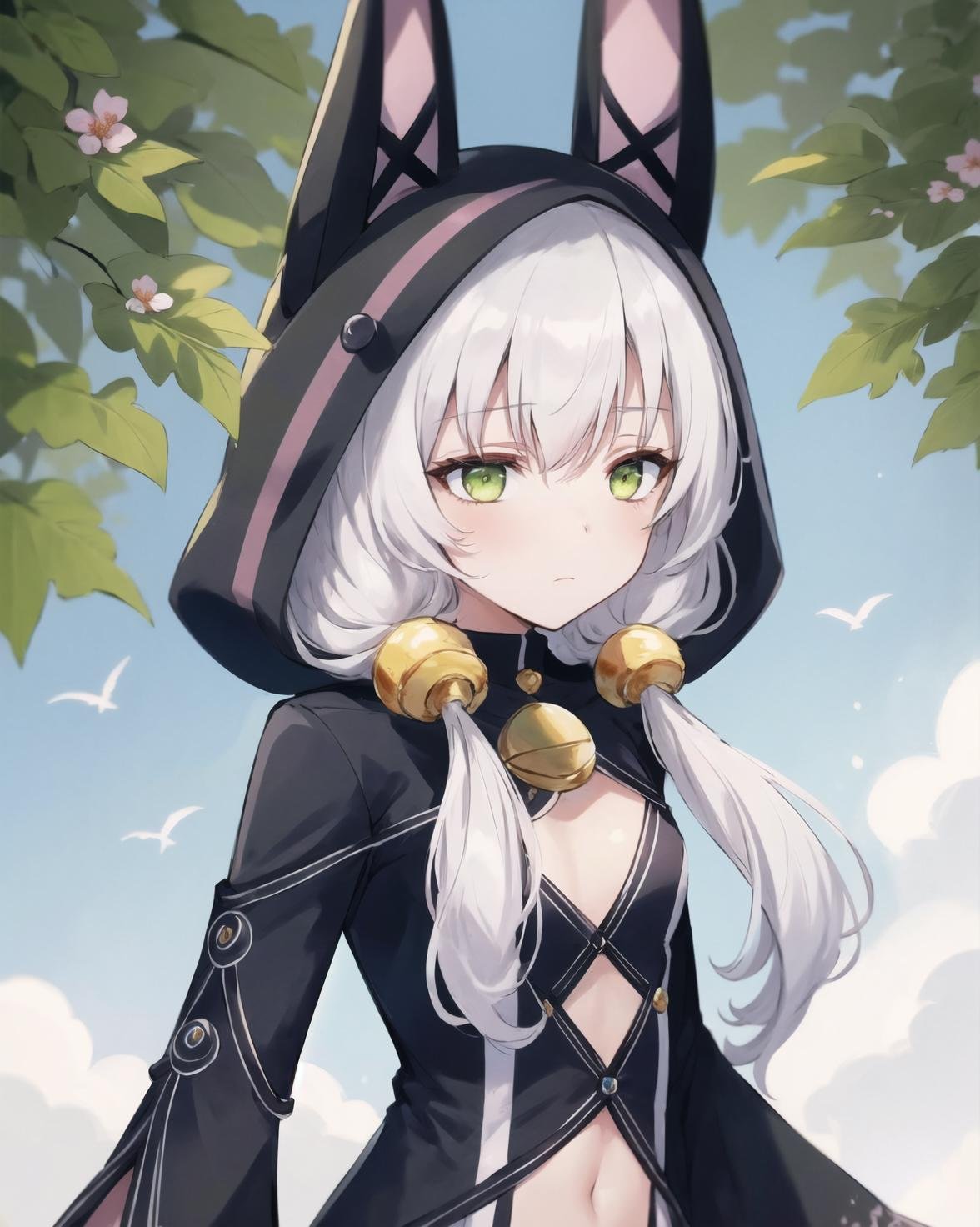 best quality, (masterpiece:1.2), illustration, absurdres, bright colors, vivid colors,(1girl), (solo), (beautiful detailed girl), <lora:AltinaBlackRabbit-08:0.9>,  Altina Orion, white hair, long hair, twintails, sidelocks, tress ribbon, hair ornament, green eyes, flat chest,hood, black bunny ears, black bodysuit, long sleeves, black boots,apathetic, expressionless,church garden, outside church, stained glass, flowers, bush, plants, trees, sky, clouds, day, fruits, berries standing (upper body, portrait),