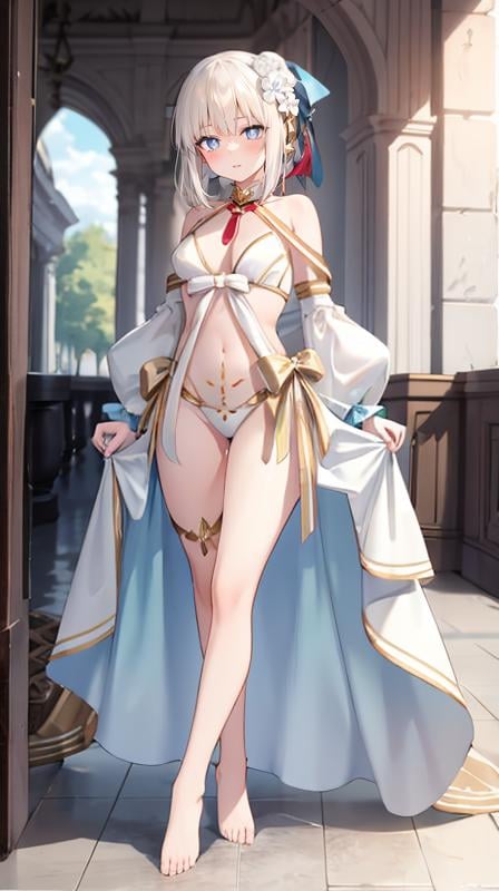 (extremely detailed CG), (best quality), 1girl, perfect face, bright pupils, (finely detailed beautiful eyes), shiny skin, lustrous skin, wide hips, narrow waist, very long hair, bangs, bow, french braid, braid, detached sleeves, hair ornament, ponytail, hair bow, dress, swimsuit, bikini, stomach tattoo, full body, standing, barefoot, depth of field,  <lora:MorganLeFayWaterPrincess:0.8>