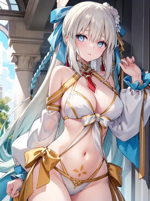 (extremely detailed CG), (best quality), 1girl, perfect face, bright pupils, (finely detailed beautiful eyes), shiny skin, lustrous skin, wide hips, narrow waist, very long hair, bangs, bow, french braid, braid, detached sleeves, hair ornament, ponytail, hair bow, dress, swimsuit, bikini, stomach tattoo <lora:MorganLeFayWaterPrincess:0.8>