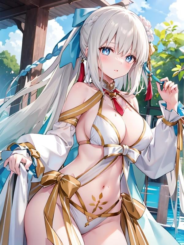 (extremely detailed CG), (best quality), 1girl, perfect face, bright pupils, (finely detailed beautiful eyes), shiny skin, lustrous skin, wide hips, narrow waist, very long hair, bangs, bow, french braid, braid, detached sleeves, hair ornament, ponytail, hair bow, dress, swimsuit, bikini, stomach tattoo <lora:MorganLeFayWaterPrincess:0.8>