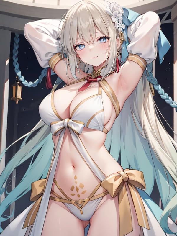 (extremely detailed CG), (best quality), 1girl, perfect face, bright pupils, (finely detailed beautiful eyes), shiny skin, lustrous skin, wide hips, narrow waist, very long hair, bangs, bow, french braid, braid, detached sleeves, hair ornament, ponytail, hair bow, dress, swimsuit, bikini, stomach tattoo, cowboy shot, arms up, seductive smile, half-closed eyes, evil smile,   <lora:MorganLeFayWaterPrincess:0.8>