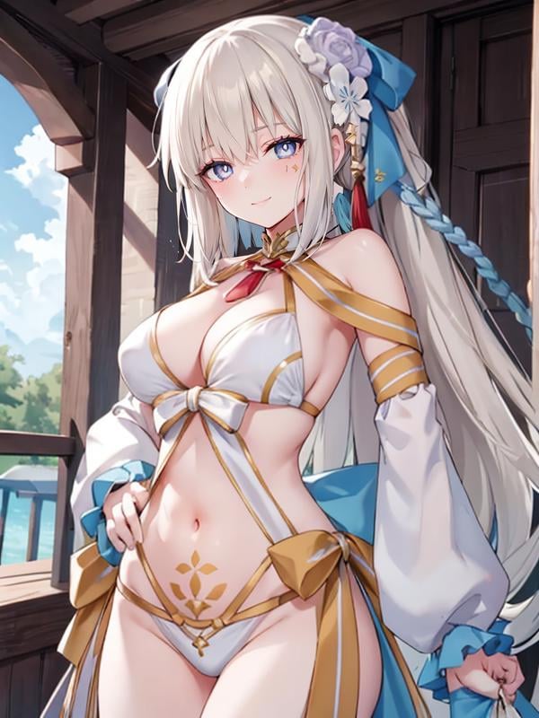 (extremely detailed CG), (best quality), 1girl, perfect face, bright pupils, (finely detailed beautiful eyes), shiny skin, lustrous skin, wide hips, narrow waist, very long hair, bangs, bow, french braid, braid, detached sleeves, hair ornament, ponytail, hair bow, dress, swimsuit, bikini, stomach tattoo, cowboy shot, hands on hips, seductive smile, half-closed eyes, evil smile, large breasts,  <lora:MorganLeFayWaterPrincess:0.8>