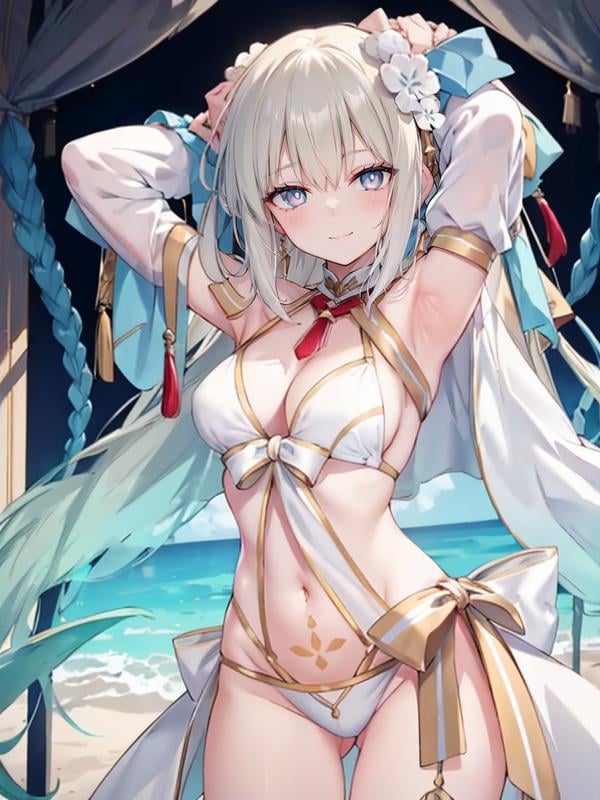 (extremely detailed CG), (best quality), 1girl, perfect face, bright pupils, (finely detailed beautiful eyes), shiny skin, lustrous skin, wide hips, narrow waist, very long hair, bangs, bow, french braid, braid, detached sleeves, hair ornament, ponytail, hair bow, dress, swimsuit, bikini, stomach tattoo, cowboy shot, arms up, seductive smile, half-closed eyes, evil smile,   <lora:MorganLeFayWaterPrincess:0.8>